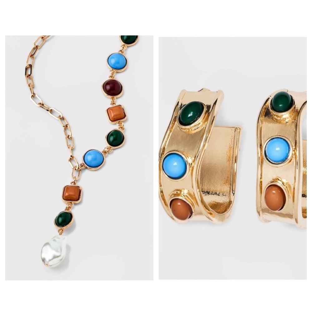 Multi Stone Cabochon Y-Line Necklace And Multi Stone Hoop Earrings - A New Day